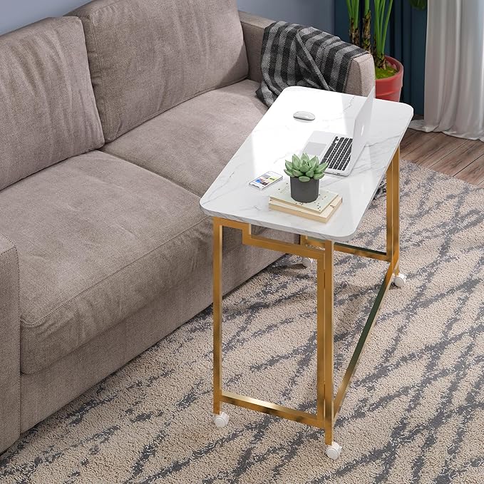 4NM 27.5" Mobile Small Rolling Computer Desk, Folding Laptop Cart Table with Wheels, Portable Office Desk for Small Space Couch Bed - White and Golden