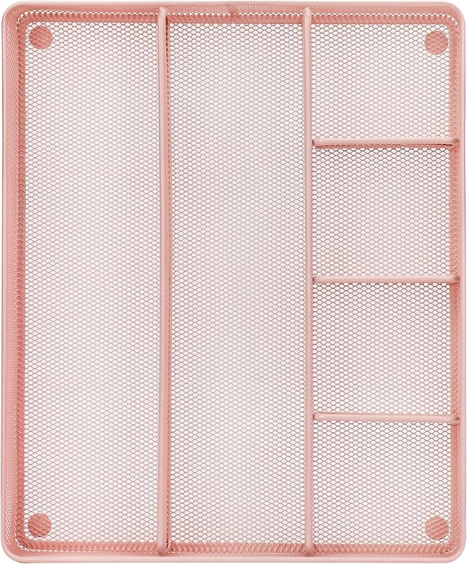 Annova Desk Top Organizer Tray for Office Organization - Metal Mesh - Storage Tray with Dividers for Pens, Desktop Accessories, Bathroom, Kitchen, Makeup and Office Supplies (Large, Light Pink)-NeatNest