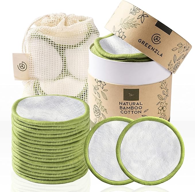 Greenzla Reusable Makeup Remover Pads (20 Pack) Washable Laundry Bag & Round Box for Storage, Reusable Bamboo Cotton Rounds for All Skin Types-NeatNest