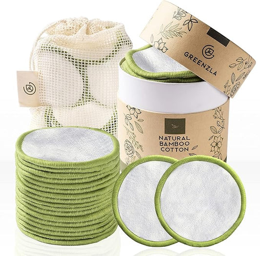 Greenzla Reusable Makeup Remover Pads (20 Pack) Washable Laundry Bag & Round Box for Storage, Reusable Bamboo Cotton Rounds for All Skin Types-NeatNest