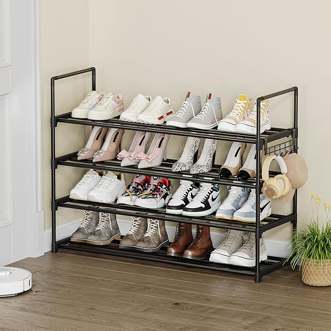 Metal Shoe Rack - 4-Tier Shoe Organizer with Adjustable Shelf Height, Sturdy Shoe Storage Shelf, Perfect for Front Door Entrance, Closet & Entryway, Easy to Assemble, DIY Layering Options (M - 4 Tier)-NeatNest