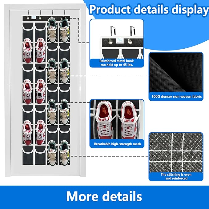 door shoe organizer,28 Large Breathable Mesh Pockets,shoe organizer, Hanger Holds Up to 50 lbs for Shoes,New upgrade anti-scratch heavy-duty hooks,shoe storage,Black/White-NeatNest