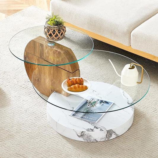 Glass Coffee Tables Round Coffee Tables for Living Room Modern 3 Tier Round Table Circle Coffee Table for Small Space Home Office (42 Inch White + Wood)