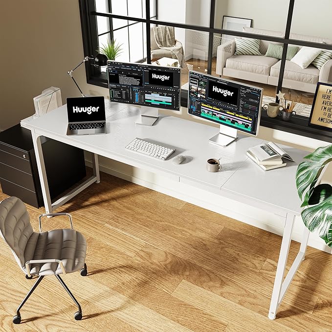 Huuger Computer Desk, 70 Inch Office Desk, Gaming Desk with Storage, Writing Desk Work Desk for Home Office, Study, Long Simple Desk, Large Legroom, Metal Frame, White-NeatNest