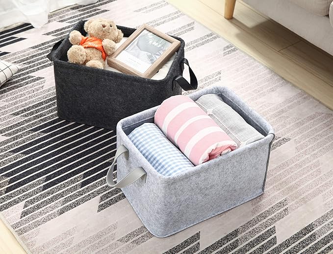 Collapsible Storage Bins Foldable Felt Fabric Storage Basket Organizer Boxes Containers with Handles PU Handles for Nursery Toys,Kids Room,Clothes,Towels,Magazine (PU-Light grey, 15.9L×11W×9.8H)-NeatNest