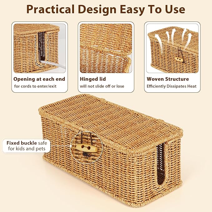 Cable Management Box, Handwoven Faux Rattan Cord Organizer Box with Lid, 2 Open Slots Cable Organizer Box, Decorative Cord Hider Box for Tv Computer USB Hub & Power Strip Holder Box