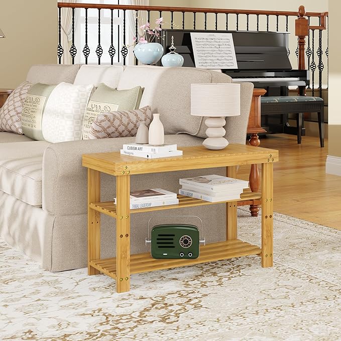 ROOMTEC Bamboo Shoe Bench, 3-Tier Shoe Rack, Entryway Bench with Cushion and Adjustable Shelves, Shoe Rack for Entryway, Hallway, Mudroom and Living Room, Bamboo