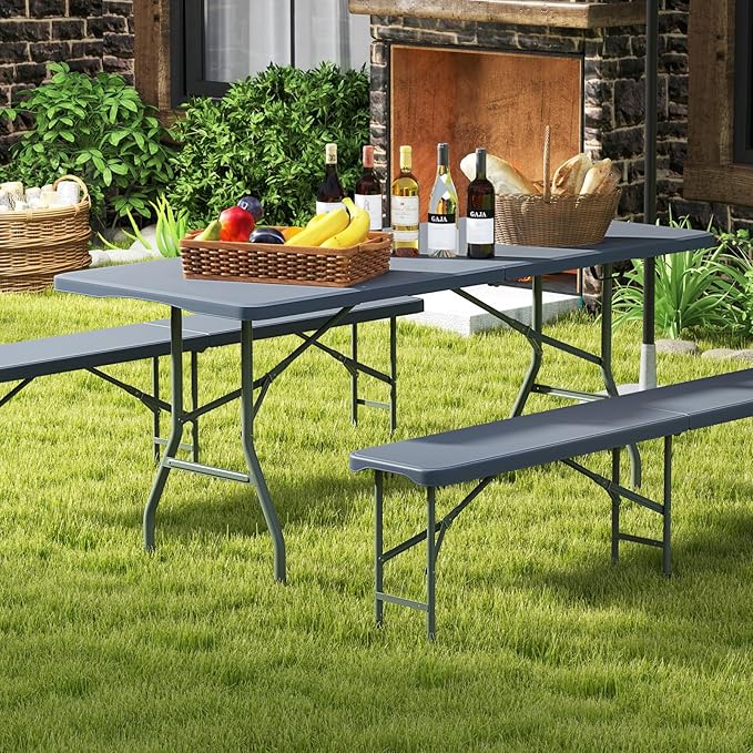 Goplus 6ft Plastic Folding Table, 350 LBS Outdoor Heavy Duty Folding Tables with HDPE Tabletop, Handle, Lock, Foldable Rectangle Portable Utility Card Table for Picnic, Party, Camping, Dining-NeatNest