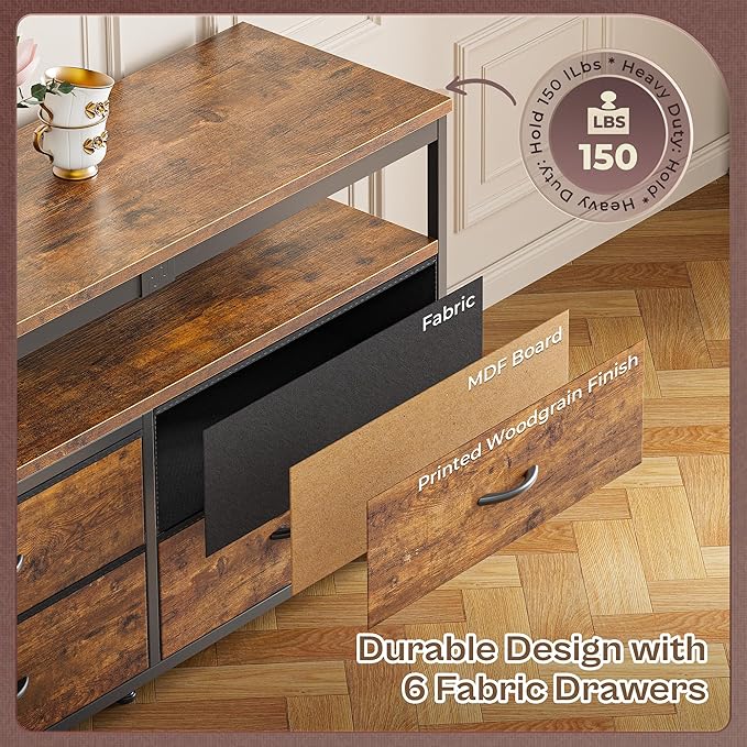 Huuger 63 Inch TV Stand for 55, 65, 70 Inch TV, Long Dresser TV Stand for Bedroom, LED TV Stand with Power Outlets, Rustic Fabric Drawer Dresser with Storage, Entertainment Center for Living Room-NeatNest