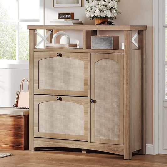 DWVO Farmhouse Shoe Cabinet with 2 Flip Drawers, Rattan Shoe Rack w/Door, Entryway Shoe Organizer with Open Storage & Adjustable Shelves, Rustic Hidden Shoes Storage Cabinet for Foyer, Hallway, Oak-NeatNest