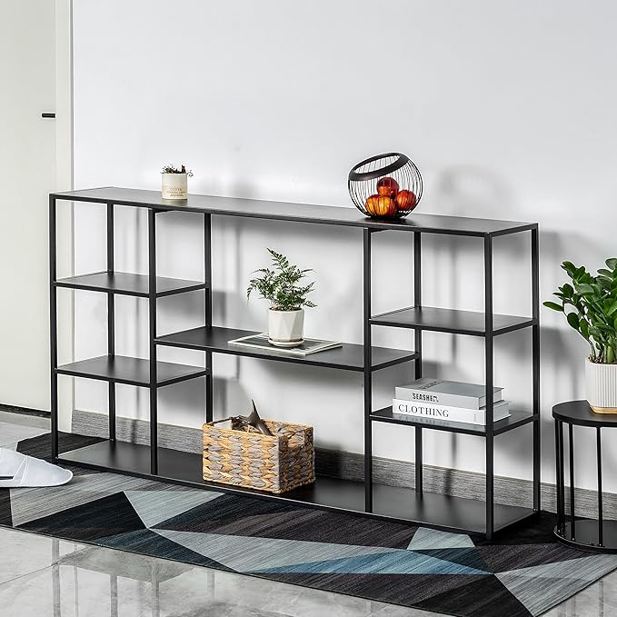 55 Inch Metal Console Table with 8 Storage Shelves,Extra Long Entryway Table,Narrow Sofa Table,Hallway Table for Entrances to Corridor, Foyer,Living Room (Black, 55.12×11.81×31.5in)-NeatNest