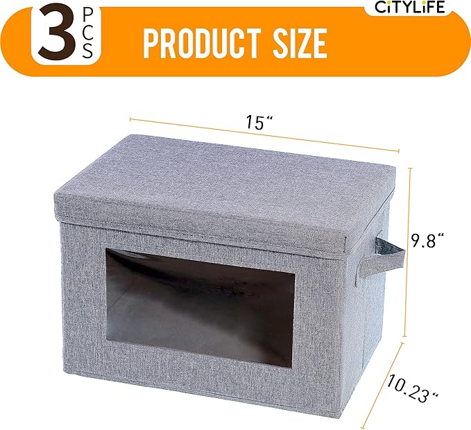 Citylife 3-Pack Collapsible Storage Bins with Lids, Linen Fabric Foldable Storage Boxes, Cube Closet Organization for Clothes, Blankets and Books, Gray-NeatNest