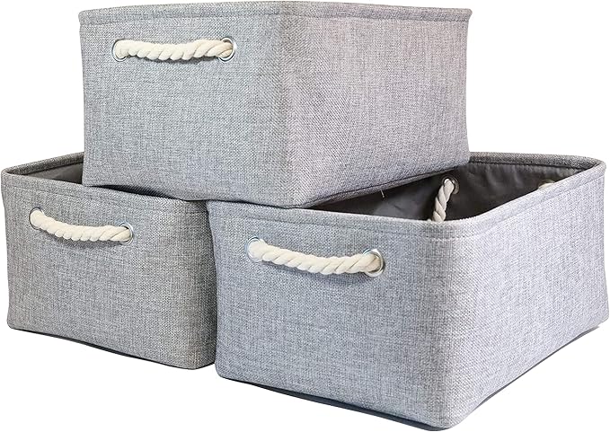 Collapsible Storage Basket (14Lx10.6Wx6.6H) Decorative Storage Bins with Handles Canvas Storage Baskets for Shelves Gift baskets organizing Toys Clothes Books (grey,3Pack)-NeatNest