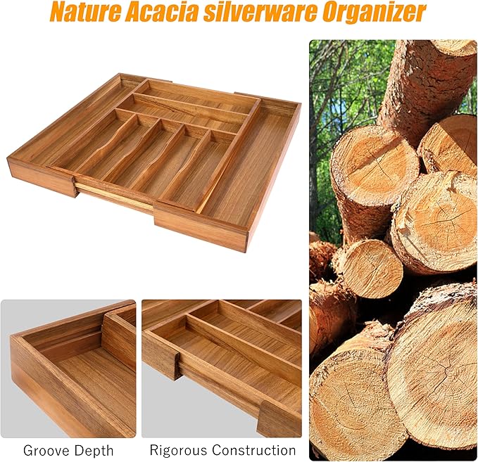 Bellsal Large Premium Acacia Wood Silverware Organizer - Expandable Utensil Drawer Organizer - 17"x19.6" Utensil Holder and Cutlery Tray with Grooved for Kitchen Flatware Utensils(7-9 Slot, Acacia)-NeatNest