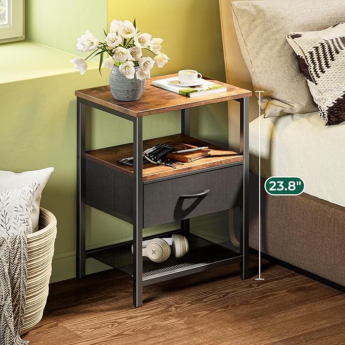 Huuger Night Stand with Fabric Drawer, Side Table with Mesh Shelf, Bedroom Nightstand, Fabric Drawer Dresser, Open Shelf, Metal Frame, Couch Side, Rustic Brown and Black