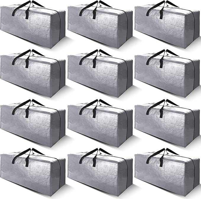 Cosy Family 12 Pack Heavy Duty Moving Bags with Backpack Straps - Strong Handles & Zippers, Storage Totes For Space Saving, Fold Flat, Alternative to Moving Box (X-Large-Set of 12, Silver)-NeatNest