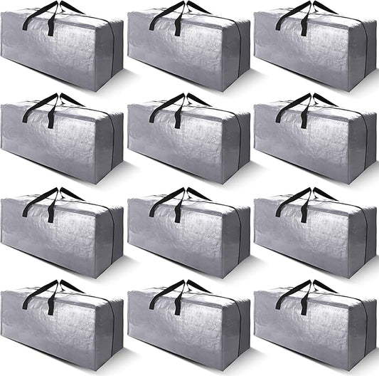 Cosy Family 12 Pack Heavy Duty Moving Bags with Backpack Straps - Strong Handles & Zippers, Storage Totes For Space Saving, Fold Flat, Alternative to Moving Box (X-Large-Set of 12, Silver)-NeatNest
