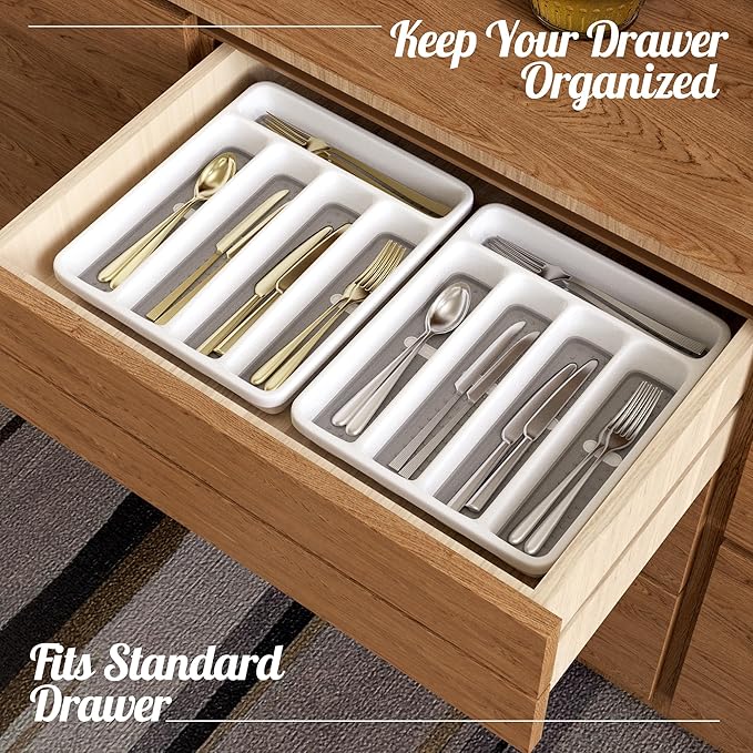 5-Slot Utensil Drawer Organizer for Silverware & Cutlery | Large Plastic Utensil Holder with Non-Slip Design, Silverware Drawer Organizer, BPA-Free (White)-NeatNest