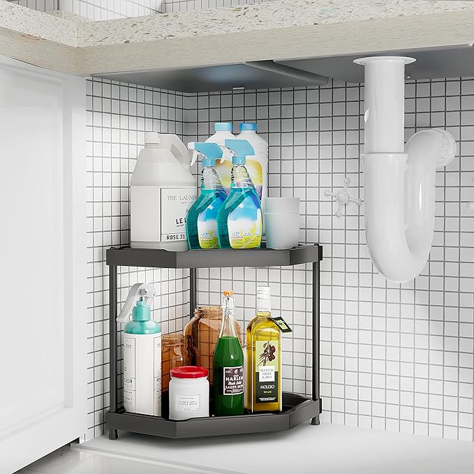 Kitchen Corner Shelf Countertop 2 Tier Bathroom Counter Organizer Cabinet Corner Storage Shelf Spice Rack Makeup Organizer Under Sink Organizer Black-NeatNest