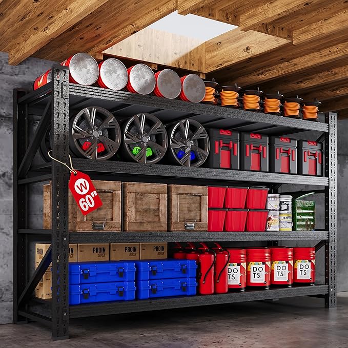 60” W Heavy Duty Garage Shelving, 5000LBS Metal Storage Shelves, 4 Tier Storage Rack Shelf, Steel Industrial Shelving, Adjustable Standing Shelf for Basement/Warehouse 60" W x 24" D x 70" H, Black-NeatNest