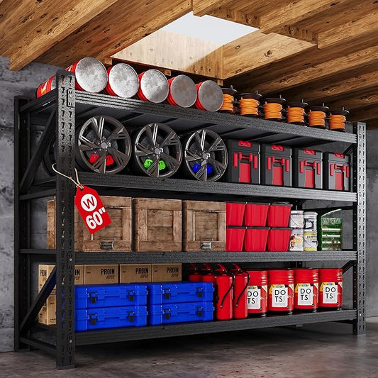 60” W Heavy Duty Garage Shelving, 5000LBS Metal Storage Shelves, 4 Tier Storage Rack Shelf, Steel Industrial Shelving, Adjustable Standing Shelf for Basement/Warehouse 60" W x 24" D x 70" H, Black-NeatNest
