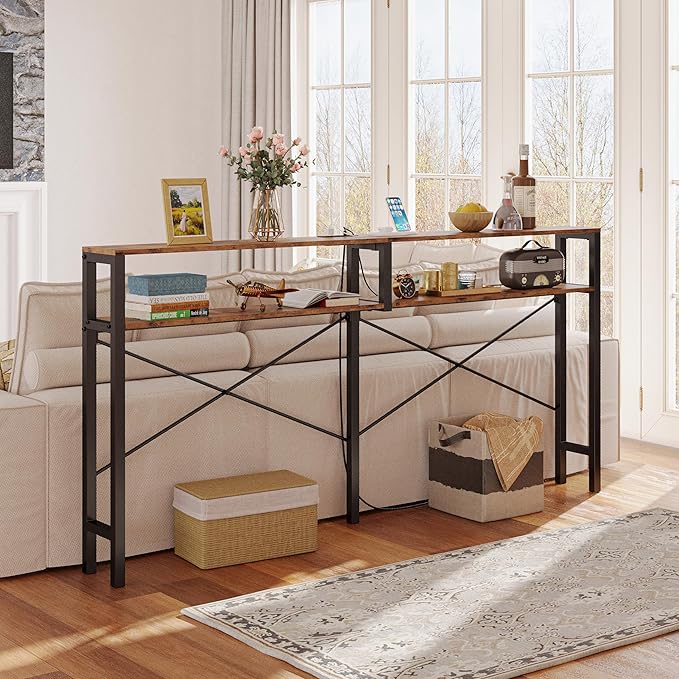 IRONCK Console Table with Power Outlet, Long Sofa Table with Shelves and X-Shaped Design, Narrow Sofa Entryway Behind Couch Table for Living Room and Hallway, Vintage Brown-NeatNest