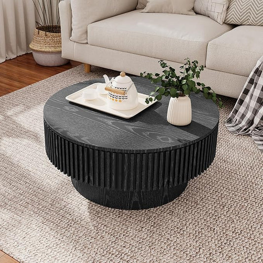 kevinplus 31.5'' Round Coffee Table with Storage Space, Modern Wood Circle Fluted Drum Pedestal Coffee Table for Living Room, Easy Assembly, Black (ø31.49'' x 14'')