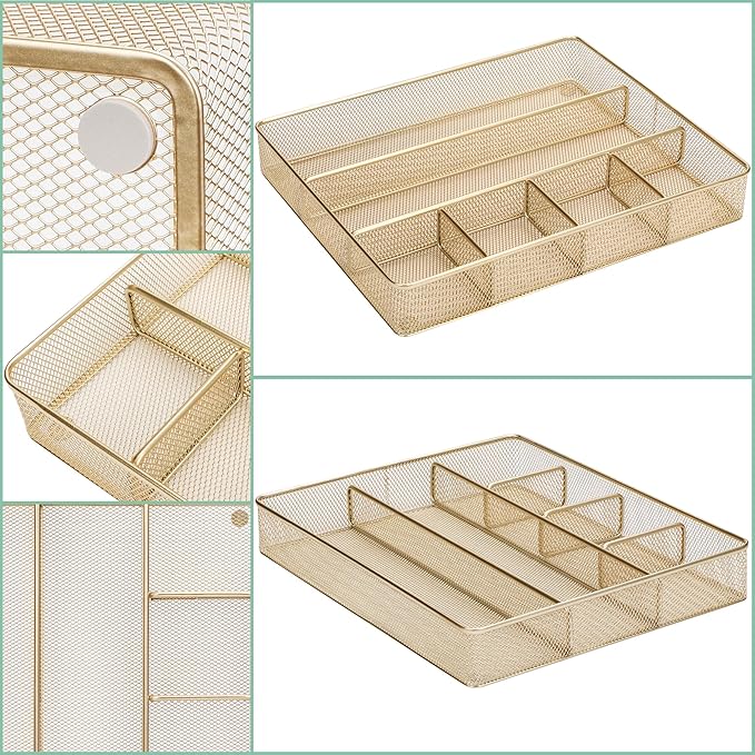 Annova Desk Top Organizer Tray for Office Organization - Metal Mesh - Storage Tray with Dividers for Pens, Desktop Accessories, Bathroom, Kitchen, Makeup and Office Supplies (Large, Gold)-NeatNest