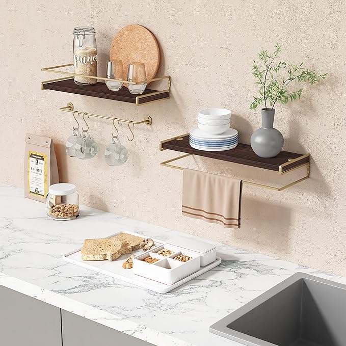 Floating Shelves Bathroom Shelves Over Toilet Set of 2, Bathroom Wall Shelves with Towel Bar, Wall Mounted Vanity Shelf for Bedroom, Kids Room, Kitchen (Brown & Gold)-NeatNest