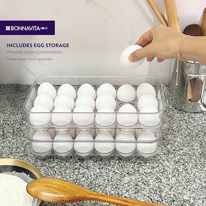 Clear Stackable Storage Containers with Lids BPA-Free Organizer Bins for Refrigerator Pantry Fridge Drawer with Colander and Dividers for Kitchen Food Preservation and Home Organization BPA Free-NeatNest