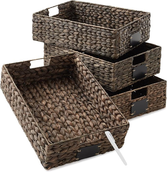 Casafield Set of 4 Water Hyacinth Pantry Baskets, 12-1/2" x 17" x 5", with Chalkboard Labels and Chalk Marker - Espresso, Woven Storage Bin Organizers for Kitchen Shelves-NeatNest