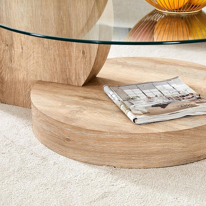 Glass Coffee Tables Round Coffee Tables for Living Room Modern 3 Tier Round Table Circle Coffee Table for Small Space Home Office (35.4 Inch Light Wood)
