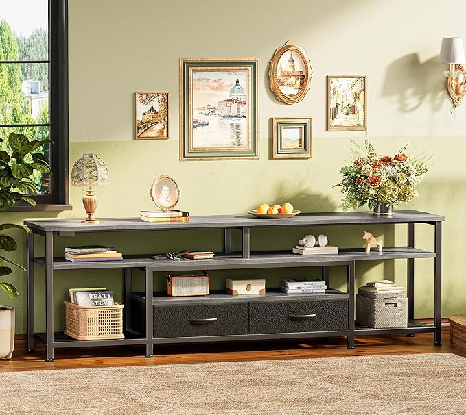 Huuger TV Stand for 65 70 Inch TV, Entertainment Center with Power Outlets and LED Lights, TV Console for Living Room, Media Console with Drawers and Shelves, Grey-NeatNest