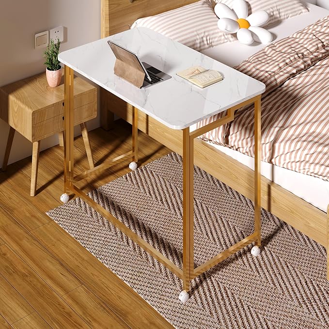 4NM 27.5" Mobile Small Rolling Computer Desk, Folding Laptop Cart Table with Wheels, Portable Office Desk for Small Space Couch Bed - White and Golden