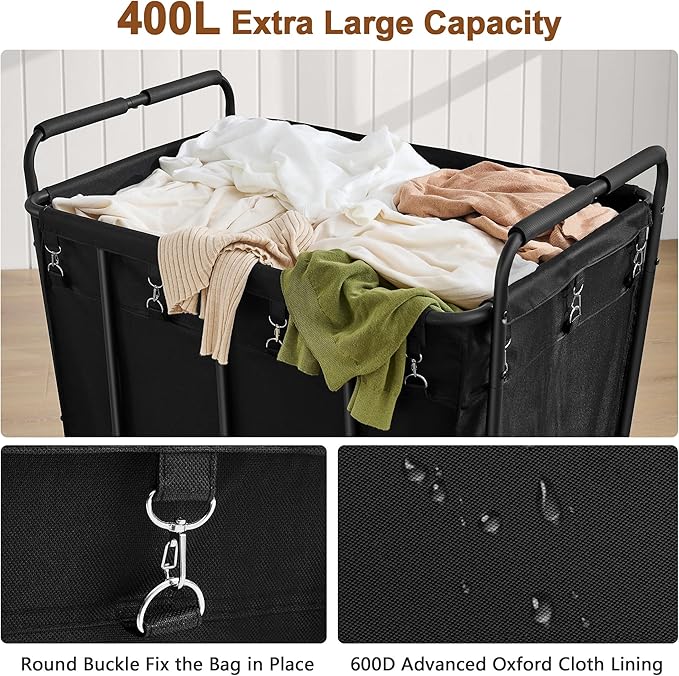 Hoctieon Large Laundry Cart with Wheels, 400L Heavy Duty Laundry Basket Organizer, Rolling Hamper Sorter for Clothes Storage, Industrial Dirty Clothes Hamper for Home & Hotel, Black-NeatNest