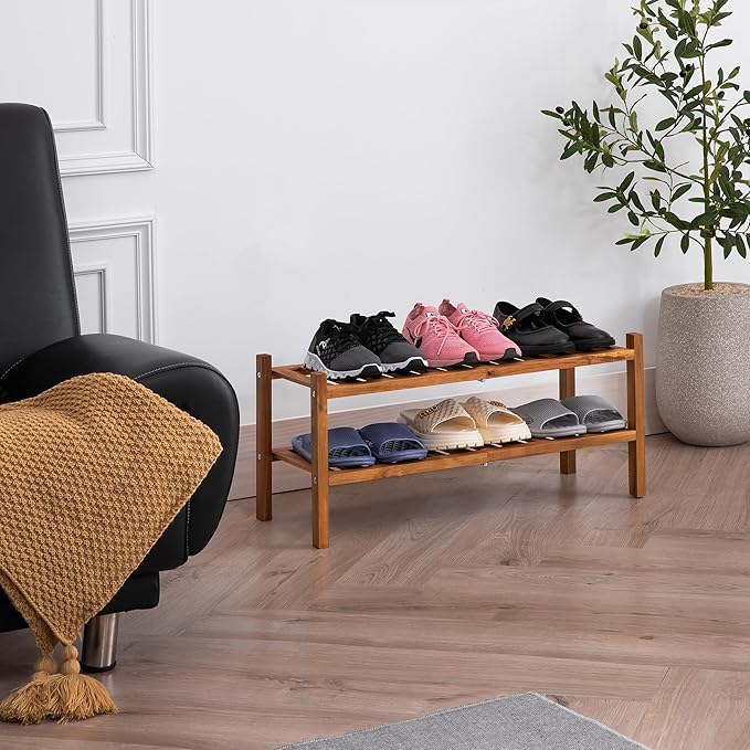 Natural Acacia Wood 2-Tier Folding Shoe Rack – Space-Saving Wooden Shoe Organizer Shelf for Entryway, Hallway, Mudroom, or Closet – Compact Indoor Storage for Footwear & More-NeatNest