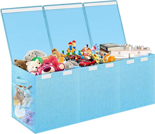 Extra Large Toy Box, Toy Box for Kids Boys Girls, Collapsible Sturdy Toy Storage Organizer with Mesh Pockets, 40"x14"x16" Kids Toy Chest Boxes Bins Baskets for Nursery, Playroom, Blue