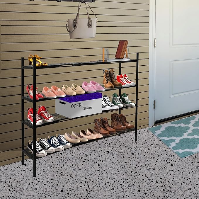 Shoe Rack, 4-Tier Long Shoe Rack, Stackable Shoe Storage Organizer Expandable Shoe Shelf Stand, Holds up to 25-30 Pairs of Shoes for Entryway, Garage, Front Door Entrance, Metal,45.6in Black-NeatNest