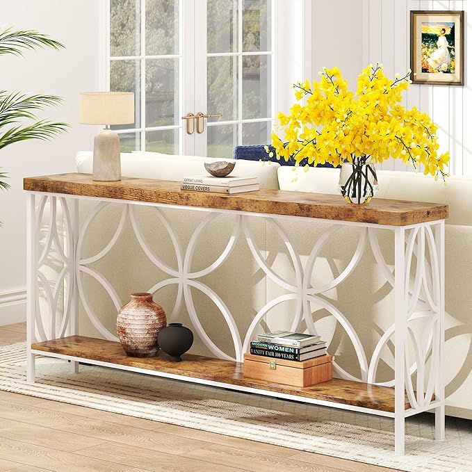 karlott 70.9 inch Extra Long Console Table, Industrial Sofa Table Behind Couch with 2 Tier Storage Shelf, Narrow Long Entryway Table for Living Room, Foyer, Hallway, Office, White-NeatNest