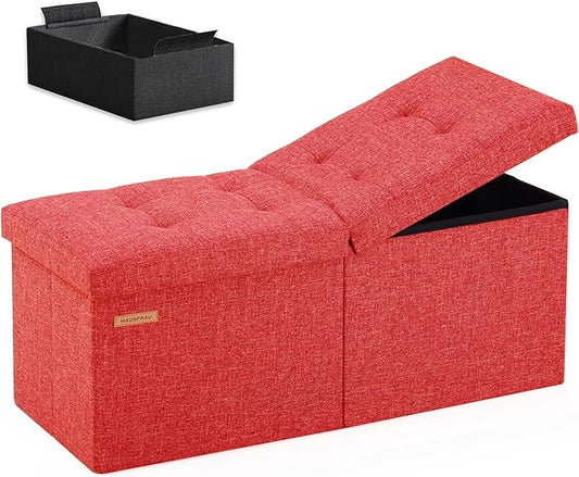 HAUSFRAU 31.5 Inches Ottoman with Storage Bench, Folding Ottoman Bench Small Foot Rest Stool, Bedroom Bench with Flipping Lid, Linen Red