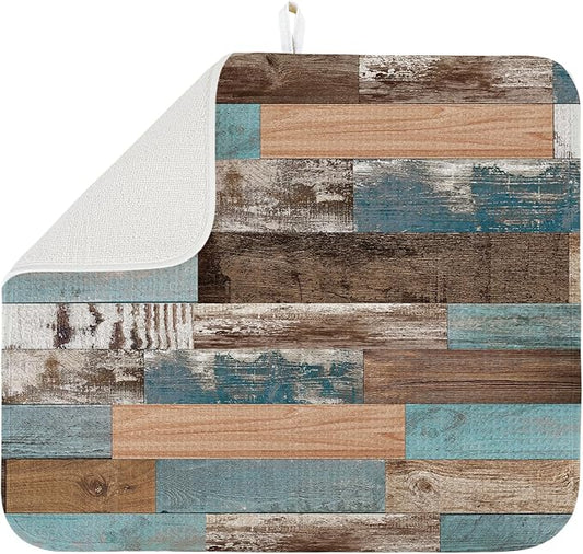 Dish Drying Mat for Kitchen Counter Large 18" x 24" Farmhouse Rustic Wood Absorbent Microfiber Dishes Drainer Rack Mats Pad Reusable Washable