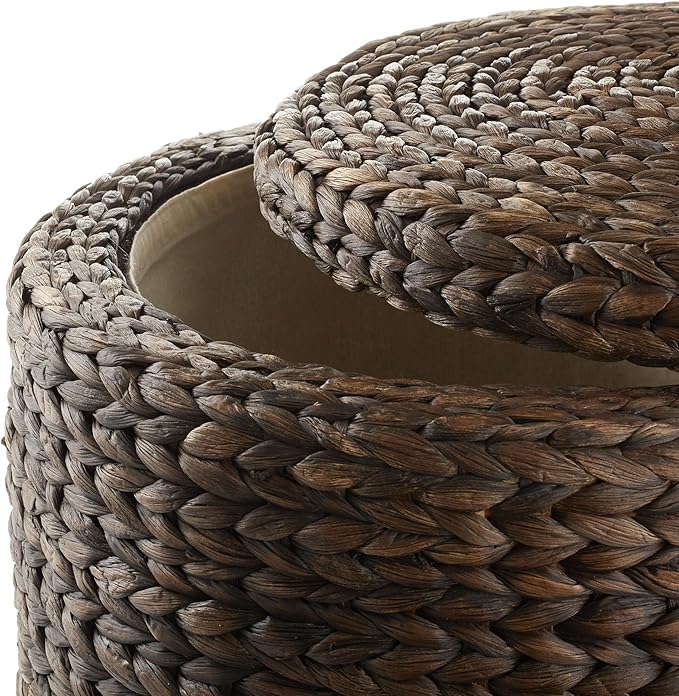 Casafield 17" Round Storage Ottoman with Lid - Espresso, Handwoven Water Hyacinth Footstool for Living Room, Bedroom, Bathroom, Home Office-NeatNest