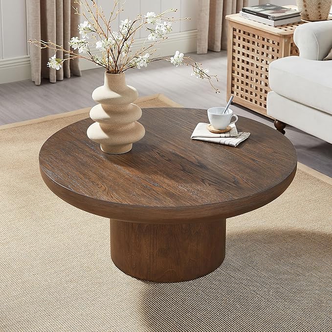 kevinplus 35.98'' Round Coffee Table Circle Wood Coffee Table for Living Room, Modern Retro Style Pedestal Style, Easy Assembly, Dark Brown (ø35.98'' x 15.98'')