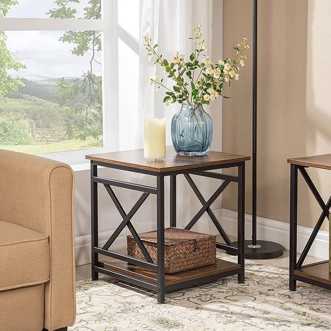 Industrial End Table Side Table with 2-Tier Storage Shelf, 18'' Square Nightstand Bedside Table X-Design Metal Frame for Living Room Bedroom, Rustic Brown