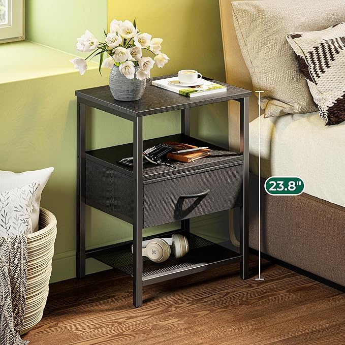 Huuger Nightstand Set of 2, Night Stand with Fabric Drawer, Mesh Shelf, Side Table with Storage, Fabric Drawer Dresser, Open Shelf, Metal Frame, Bedroom, Black