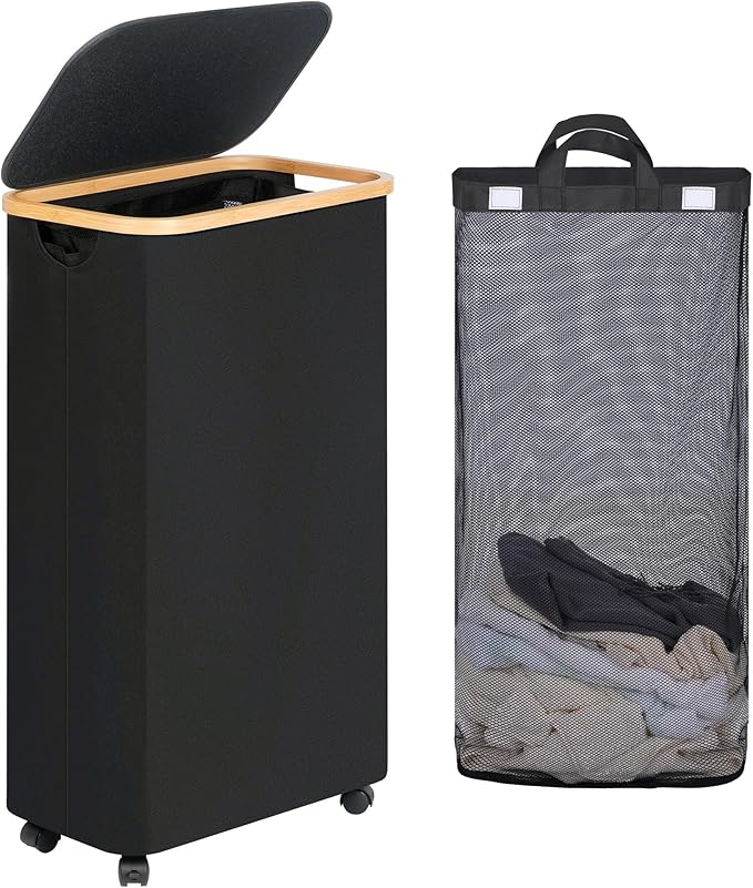efluky Slim Laundry Basket with Wheels, Narrow Rolling Laundry Hamper with Lid and Removable Bag, Aesthetic Dirty Clothes Hamper on Wheels for Laundry Room, Bedroom, Dorm and Bathroom, 75L Dark Black-NeatNest