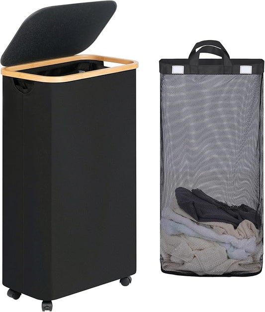 efluky Slim Laundry Basket with Wheels, Narrow Rolling Laundry Hamper with Lid and Removable Bag, Aesthetic Dirty Clothes Hamper on Wheels for Laundry Room, Bedroom, Dorm and Bathroom, 75L Dark Black-NeatNest