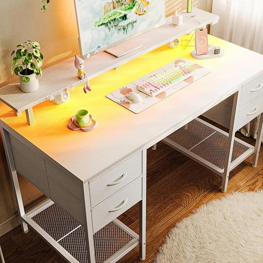 Huuger 47 inch Computer Desk with 4 Drawers, Gaming Desk with LED Lights & Power Outlets, Home Office Desk with Large Storage Space for Bedroom, Work from Home, White-NeatNest