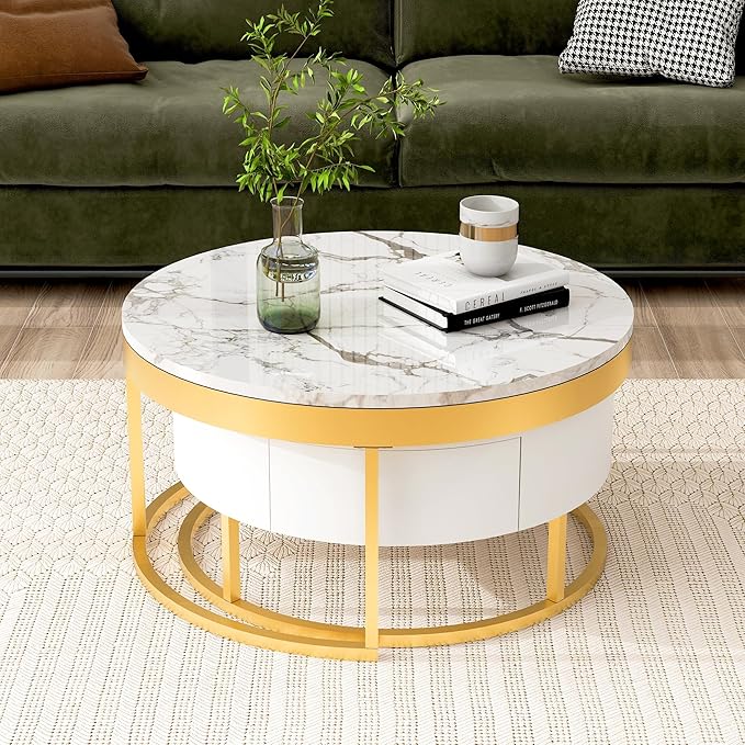 Modern Round Nesting Coffee Table with Drawers in White, Circle Coffee Tables for Living Room