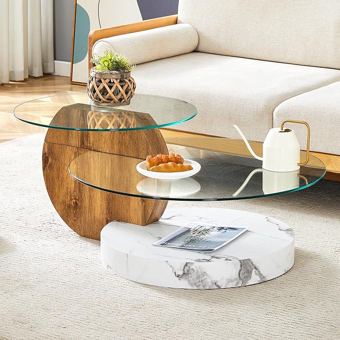 Glass Coffee Tables Round Coffee Tables for Living Room Modern 3 Tier Round Table Circle Coffee Table for Small Space Home Office (42 Inch White + Wood)